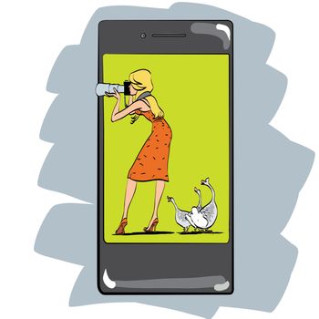 Photo app for smartphone girl photographs appliances and gadgets. The woman with the camera and geese. Photographing nature