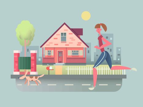 Woman run with dog on street. Pet running, sport outdoor girl, healthy jogging, vector illustration