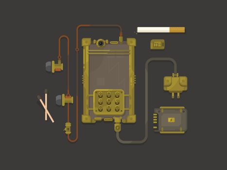 Steampunk design mobile phone flat. Technology metallic, technical mechanical, vector illustration