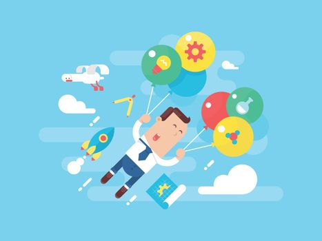 Business man fly with balloons. Concept startup. Businessman success, leadership career, vector illustration