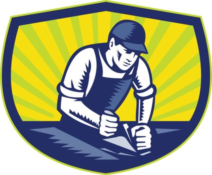 Illustration of a carpenter builder woodworker wearing hat and overalls with smooth plane working on a wood surface set inside shield crest done in retro woodcut style.