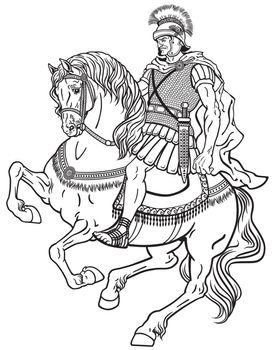 roman warrior riding the horse. Black and white illustration