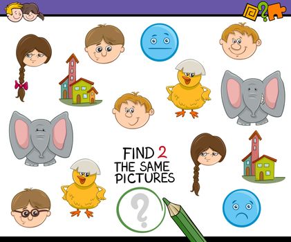 Cartoon Illustration of Find Exactly the Same Pictures Educational Activity for Preschool Children
