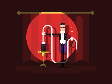 Conjurer in a circus. Magic show, illusionist with trick, entertainment and performance, vector illustration