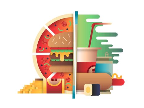 Fast food design flat. Hamburger design, burger cheeseburger, fries and drink, vector illustration
