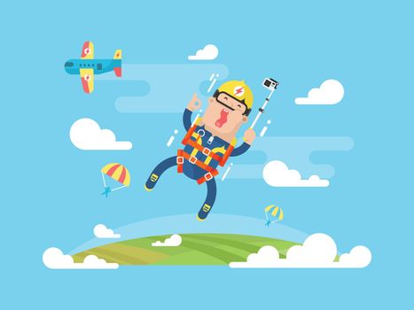 Skydiving sport flat. Jump with parachute design, parachuting extreme, skydiver man parachutist, vector illustration