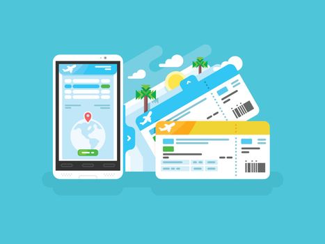 Tickets for the plane on a smartphone. Travel airplane, internet online trip, mobile phone flight airline, vector illustration