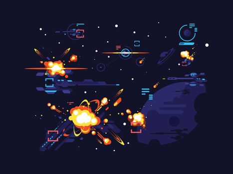Battle star space. Fantasy science futuristic, spaceship alien, cosmic war with sci-fi, vector illustration