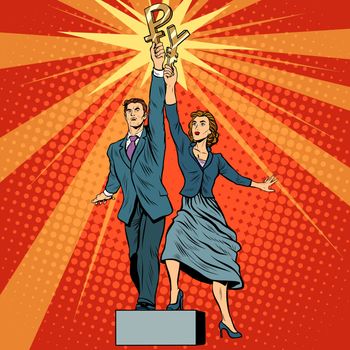 Businessman and businesswoman with ruble yen money pop art retro style. A parody of Soviet sculpture worker and kolkhoz woman. Socialist realism. The business concept of financial success
