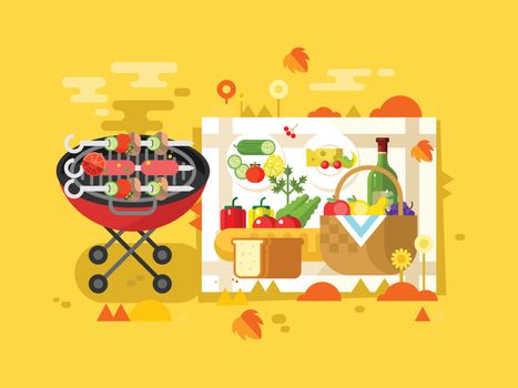 BBQ party design flat. Grill picnic and barbecue hot meat. Vector illustration