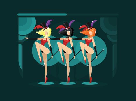 Cabaret dance girls. Dancer show woman, sexy performance lady, vector illustration