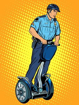 Police patrol electric scooter pop art retro style. The work of the police. Crime law and order.