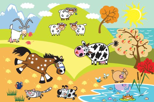 cartoon domestic animals:sheep,cow,goat,horse,pig, dog and cat in the countryside landscape. Children illustration