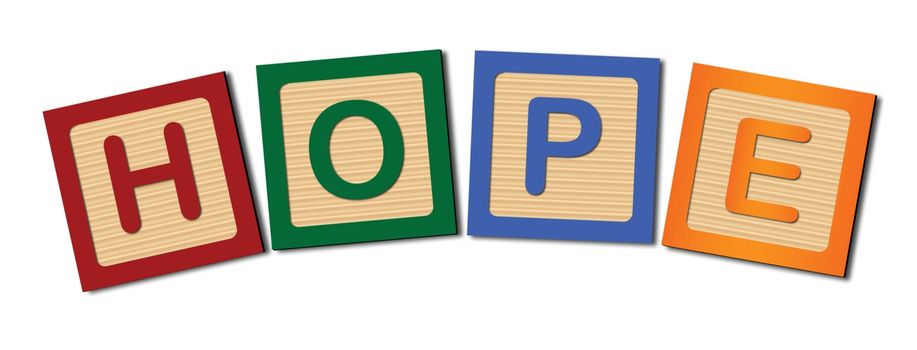 A collection of wooden block letters spelling the word HOPE