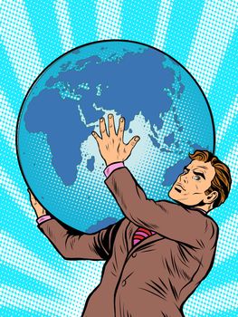 Businessman the Titan Atlas holds the Earth on his shoulders pop art retro style. Images of ancient myths in business. The power of the planet. caring for the earth. Earth Day