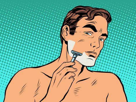 Man shaving foam pop art retro style. Personal hygiene. A man shaves in the morning stubble on his face