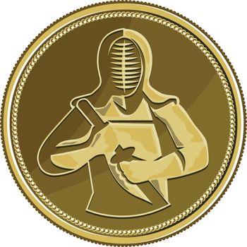 Illustration of a kendo kendoka swordsman with bamboo sword or shinai  and protective armour or bōgu set inside gold brass coin medal viewed from front done in retro style. 