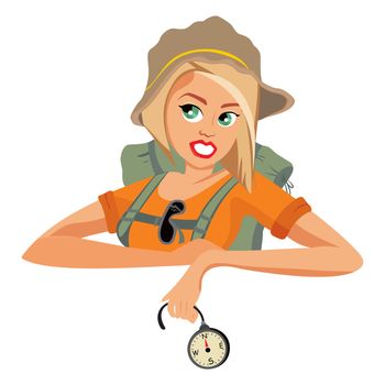 Cartoon female traveler With backpack and compass