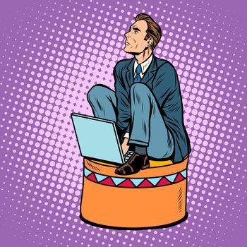 Businessman worker on a circus pedestal pop art retro style. The business concept submission, subordination, team work