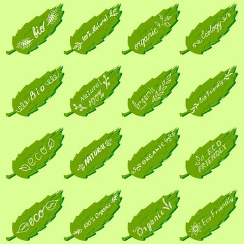 Vector icons on the background of leaves - eco, eco-friendly, bio, middle, ecology, organic. Hand lettering. For vegetarian food and raw food diets. Eco friendly concept for stickers, banners, cards. 