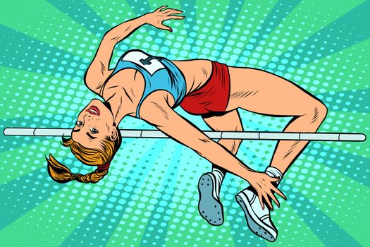 Athlete high jump girl pop art retro style. Overcoming the strap height. Summer sports, athletics