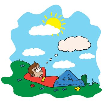 cartoon illustration of a boy resting in a field