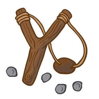 cartoon illustration of slingshot with some pebbles