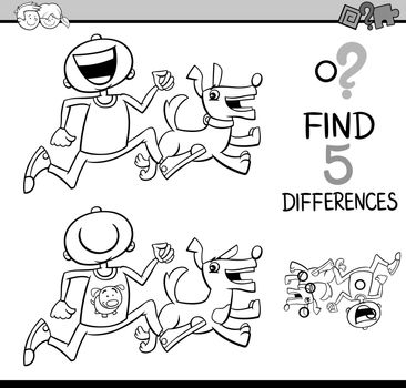 Black and White Cartoon Illustration of Finding Differences Educational Activity for Preschool Children with Boy and his Dog for Coloring Book