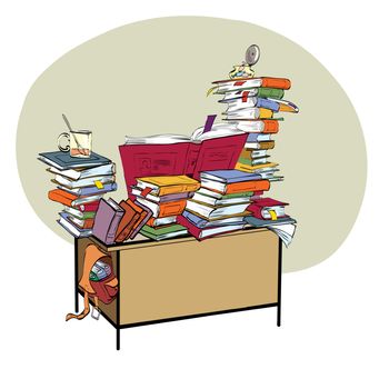 School Desk with books, literature and the library line art. Reading and education