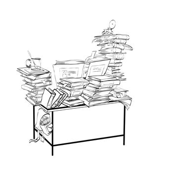 School Desk with books, literature and the library line art. Reading and education. Black and white illustration for coloring