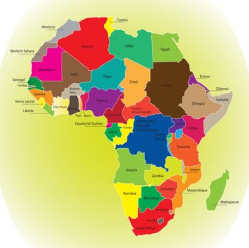 Detail color map of African continent with borders. Each state is colored to the various color and has wrote the name.
