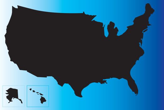 Black silhouette of map of USA on blue background.