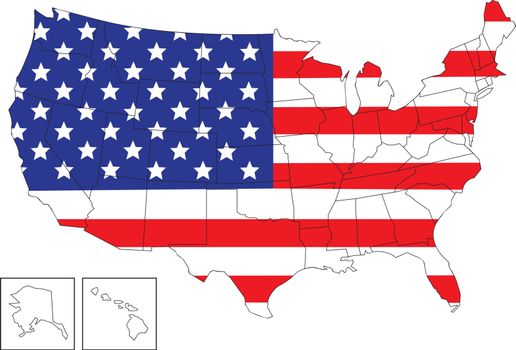 Map of USA with USA flag as background.