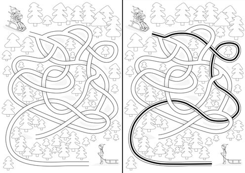 Winter maze for kids with a solution in black and white
