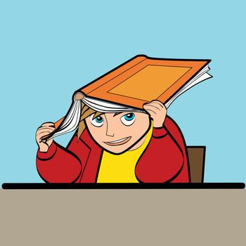 a schoolboy at a Desk with textbook line art caricature. Lifestyle. School life. The kids at school