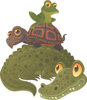 Cartoon vector illustration of an alligator, a turtle and a frog hanging out together, stacked in a pyramid.