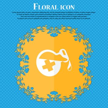 life healing potion decanter bottle icon. Floral flat design on a blue abstract background with place for your text. Vector illustration