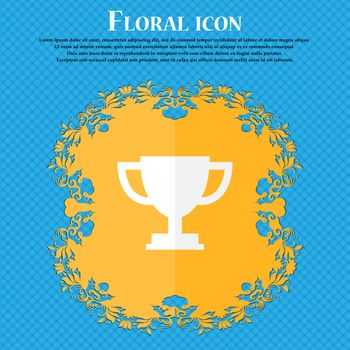 Trophy Cup icon. Floral flat design on a blue abstract background with place for your text. Vector illustration