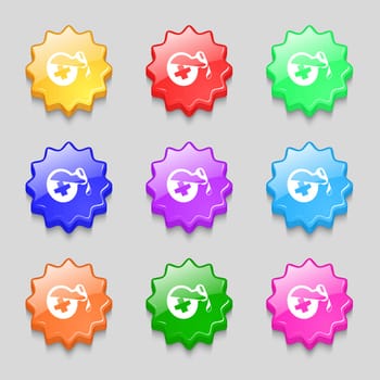 life healing potion decanter bottle icon sign. symbol on nine wavy colourful buttons. Vector illustration