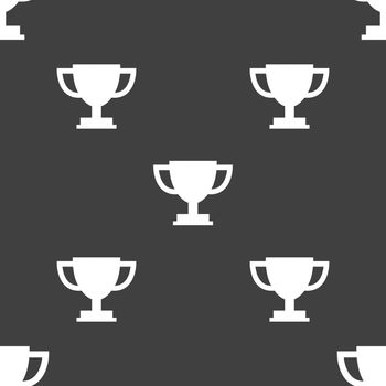 Trophy Cup icon sign. Seamless pattern on a gray background. Vector illustration