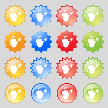 Watering can icon sign. Big set of 16 colorful modern buttons for your design. Vector illustration