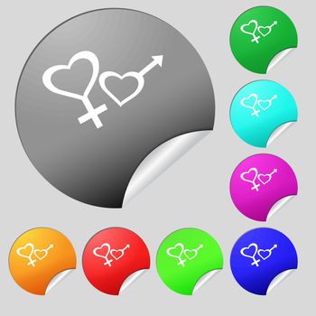 Male and female icon sign. Set of eight multi colored round buttons, stickers. Vector illustration