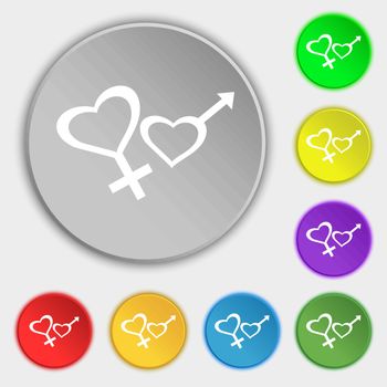 Male and female icon sign. Symbol on eight flat buttons. Vector illustration