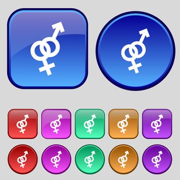 Male and female icon sign. A set of twelve vintage buttons for your design. Vector illustration