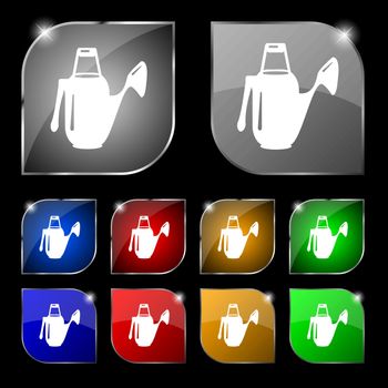 Watering can icon sign. Set of ten colorful buttons with glare. Vector illustration
