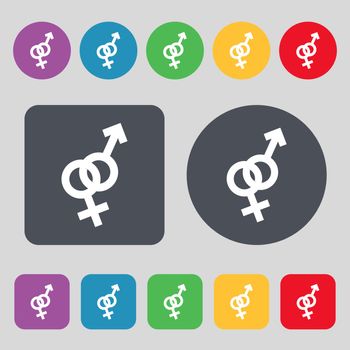 Male and female icon sign. A set of 12 colored buttons. Flat design. Vector illustration