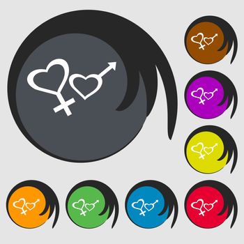 Male and female sign icon. Symbols on eight colored buttons. Vector illustration