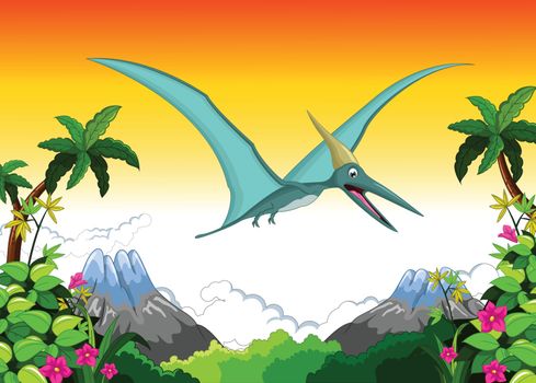 vector illustration of Happy pterodactyl cartoon flying