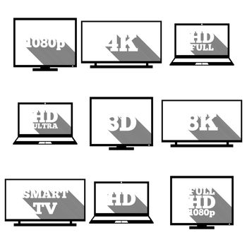 A set of high-definition video icons with long diagonal shadow, vector illustration.