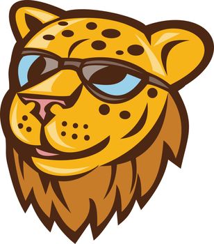 Illustration of a cheetah head smiling wearing sunglasses viewed from front set on isolated background done in cartoon style. 